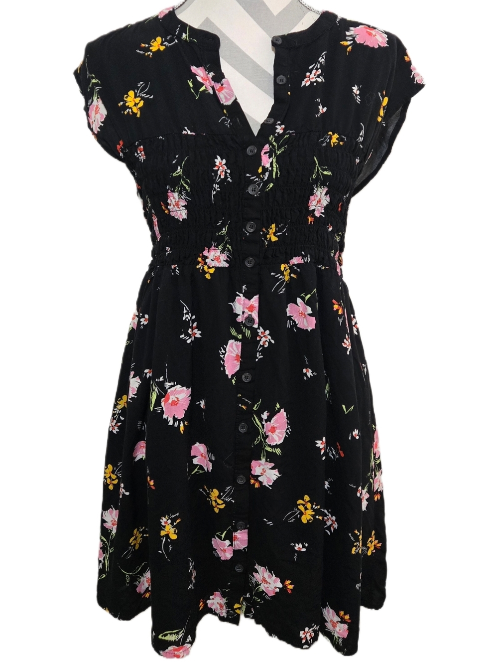 FREE PEOPLE Greatest Day Floral Dress Black Pink Yellow Smocked Waist Medium
